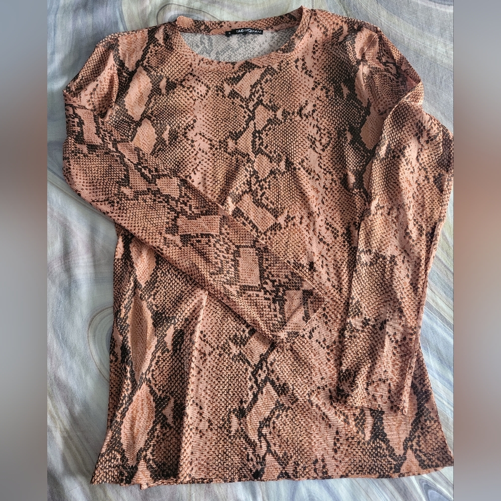 Brown Sheer Mesh Snake Print Long Sleeve Top